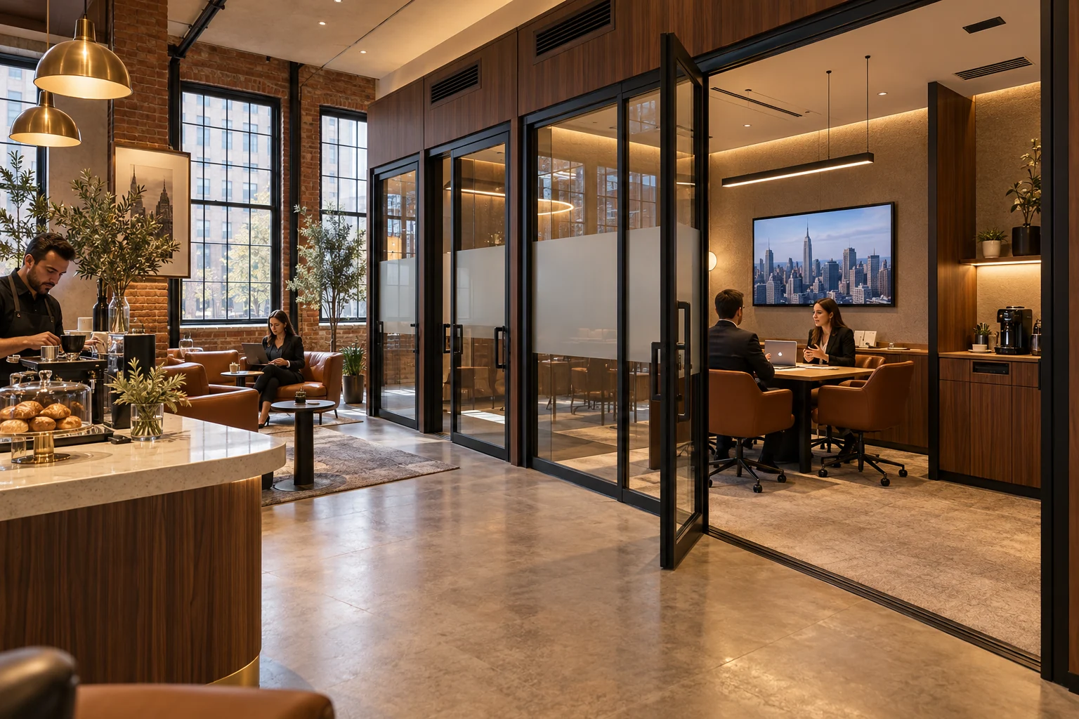 The warm walnut café and private suites at Moments Lounge